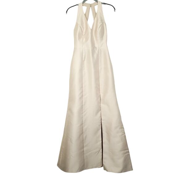 Alfred Sung Halter Satin Trumpet Gown Thigh High Slit, D761, Palomio, Size 6L - Picture 16 of 16